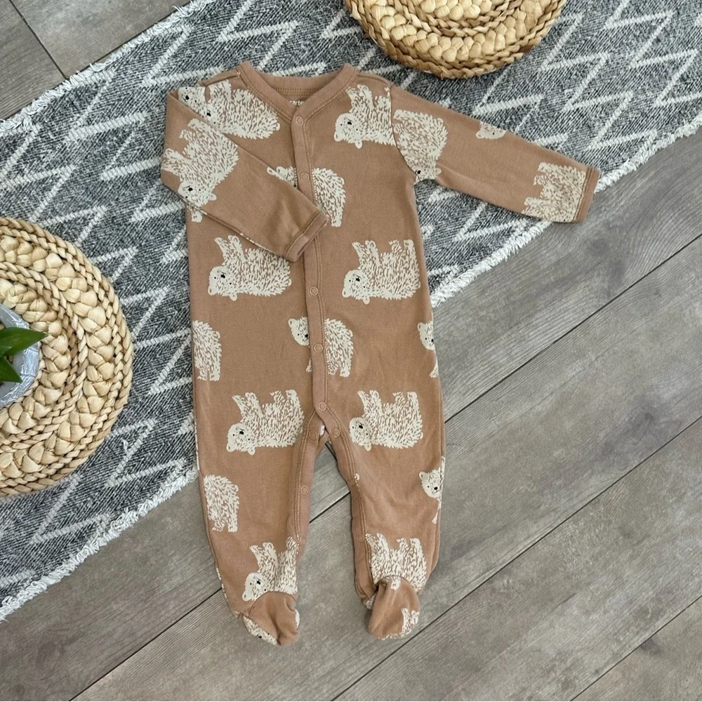 Carter's Brown Bear Patterned Button Snap Baby Boy Footies Size 9 Months Pajamas